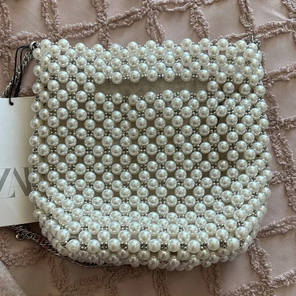 Zara Pearl-Embellished Shoulder Bag with Silver Chain - Picture 3 of 3
